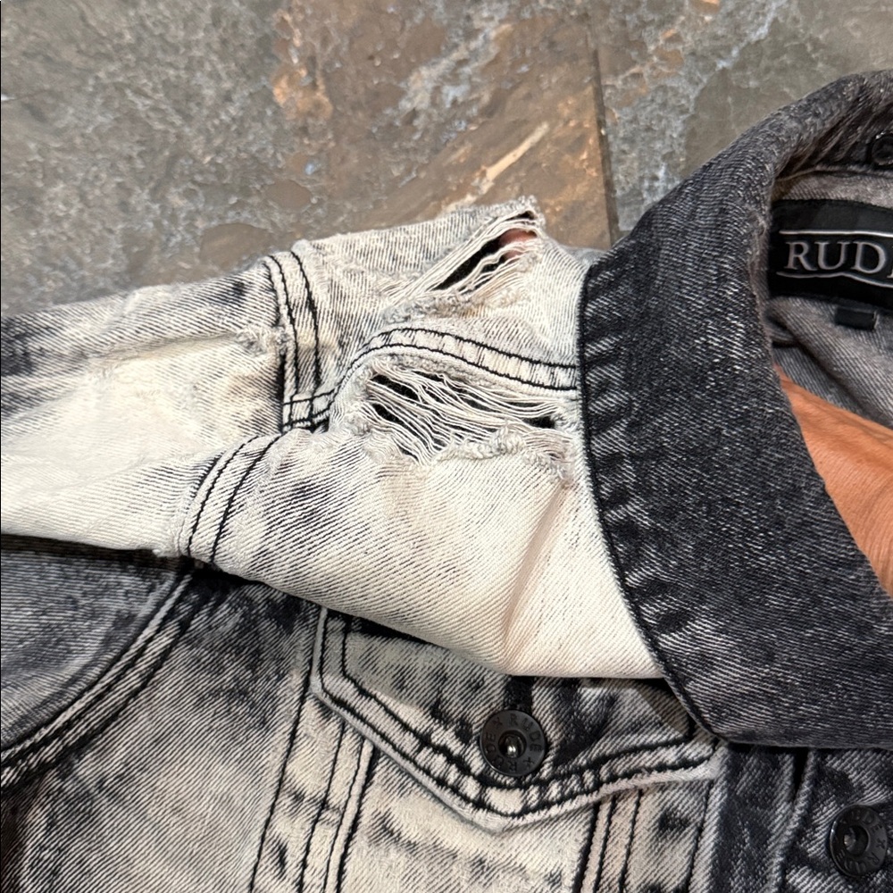XXX Rude Grey & Black Distressed Bleached Denim Jacket size LG - Picture 13 of 15